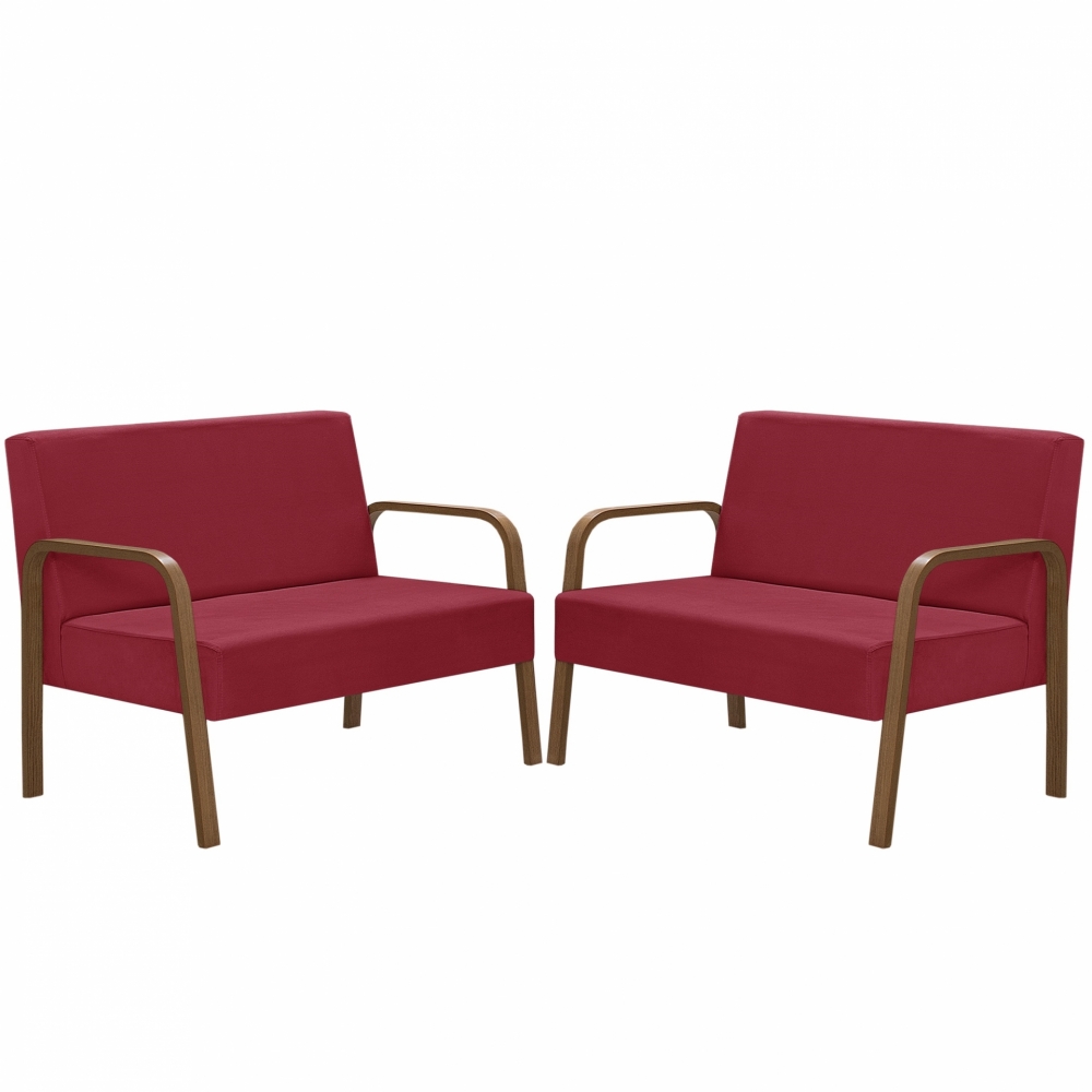 Kit Poltrona Decorativa 2 Namoradeiras Jade Braço Madeira D Salla Suede Vermelho