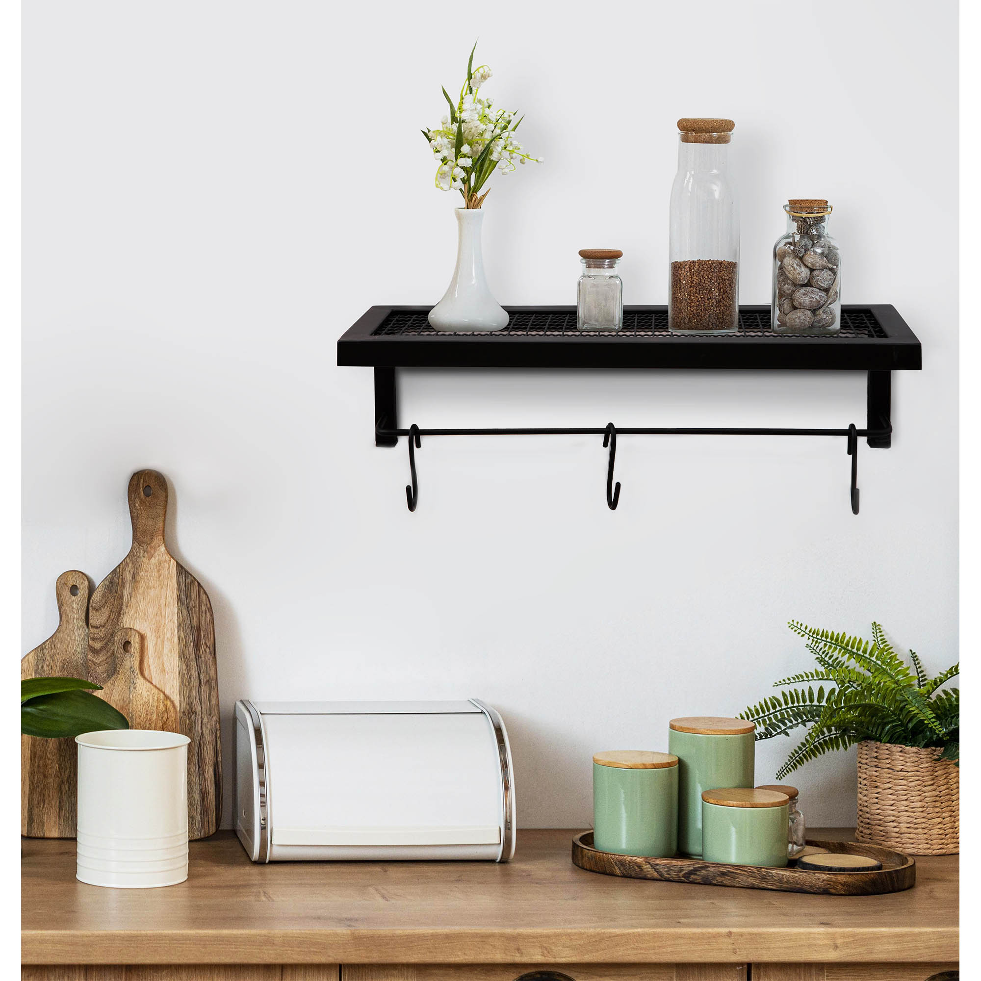 Conjunto Prateleiras Industrial Multiuso Decorativa Cozinha c/ 3 Ganchos Preta