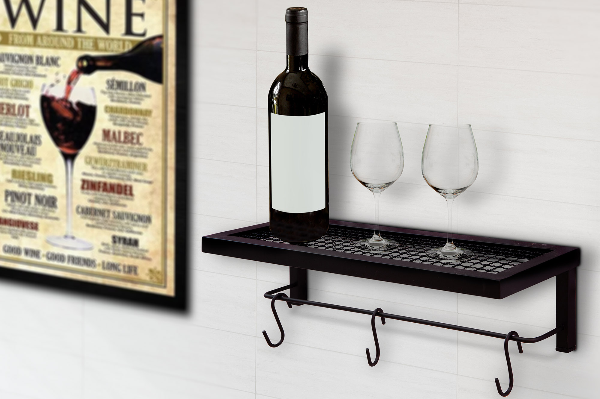 Conjunto Prateleiras Industrial Multiuso Decorativa Cozinha c/ 3 Ganchos Preta