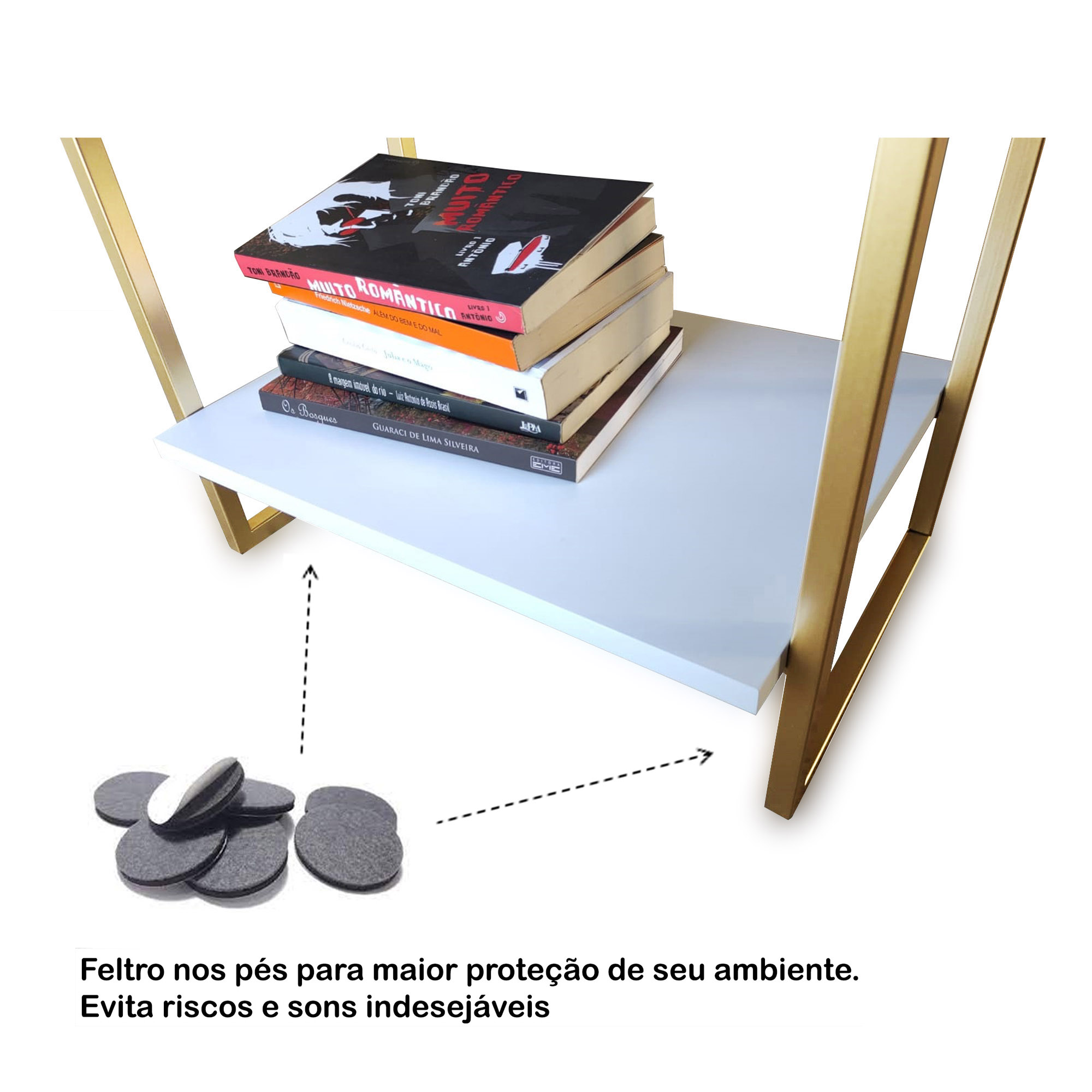 KIT 2 Mesas de Cabeceira Mordomo Lateral Cama Com 1 Gaveta Branco / Dourado