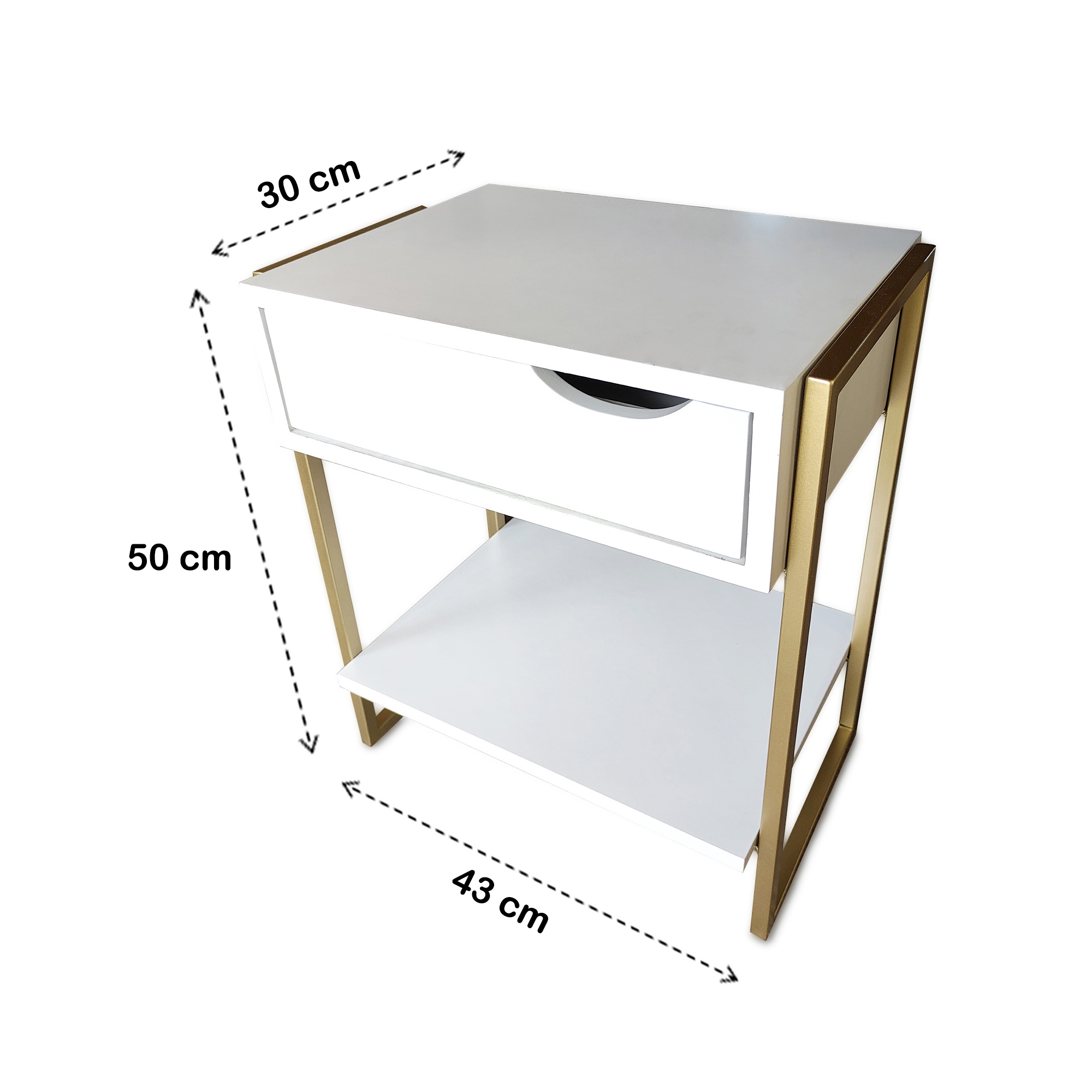 KIT 2 Mesas de Cabeceira Mordomo Lateral Cama Com 1 Gaveta Branco / Dourado