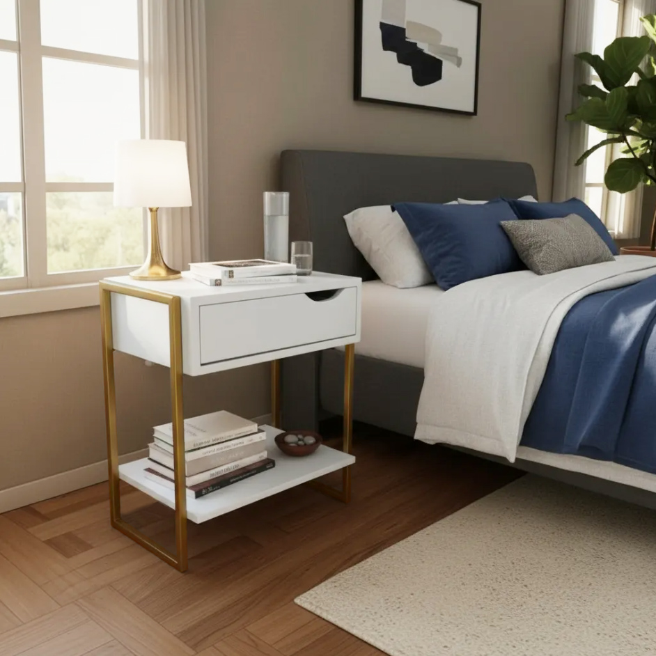 KIT 2 Mesas de Cabeceira Mordomo Lateral Cama Com 1 Gaveta Branco / Dourado