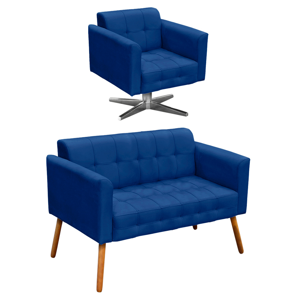 Conjunto Namoradeira 2 Lugares e 01 Poltrona Giratória Elisa Suede Azul Royal Base Cromada - D'Rossi