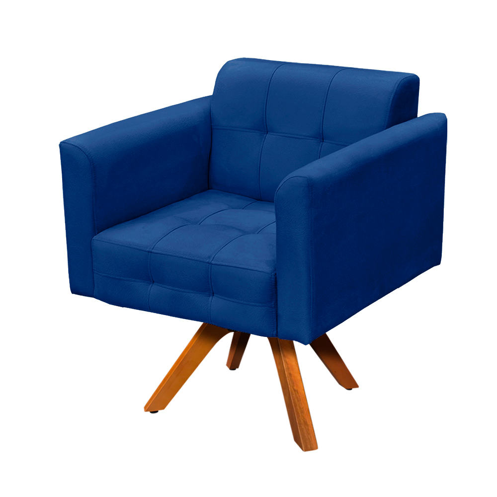 Conjunto Namoradeira 2 Lugares e 01 Poltrona Giratória Elisa Suede Azul Royal Base Madeira - D'Rossi