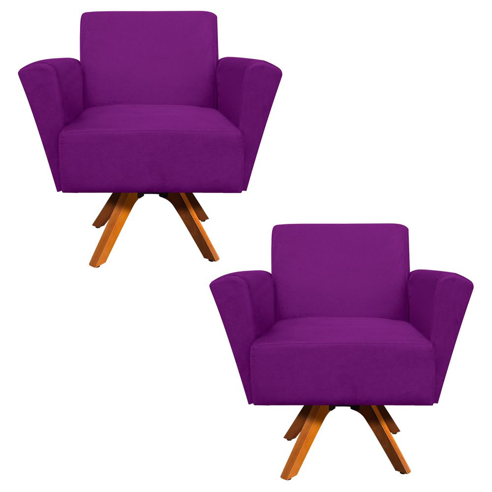 Kit 02 Poltronas Giratória Dora Suede Roxo Base Madeira - D'Rossi