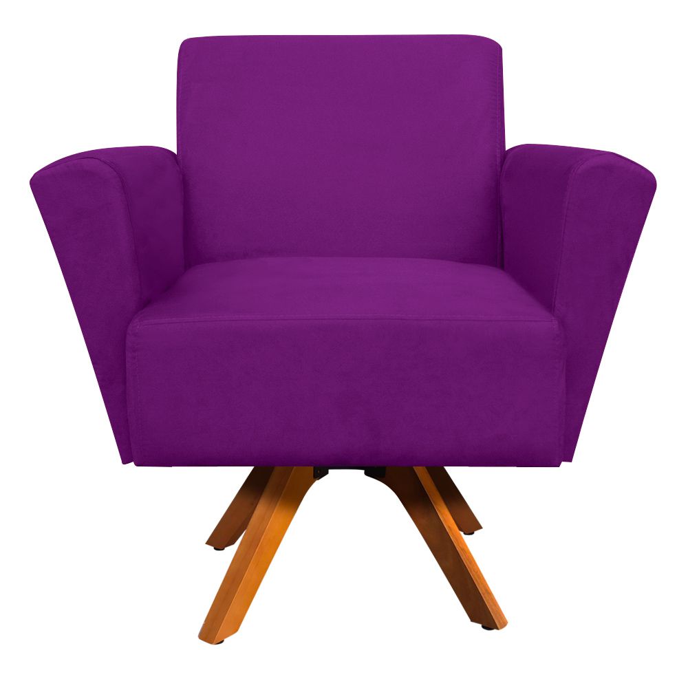 Kit 02 Poltronas Giratória Dora Suede Roxo Base Madeira - D'Rossi