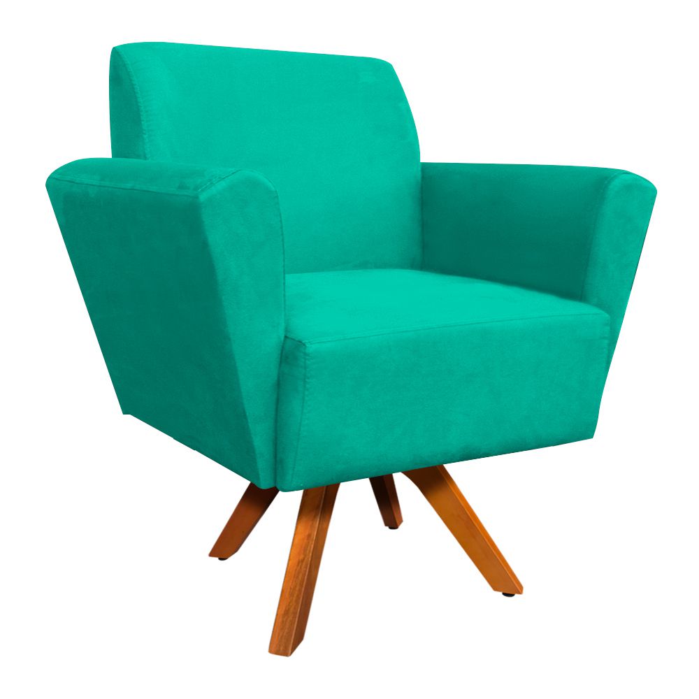 Kit 02 Poltronas Giratória Dora Suede Verde Turquesa Base Madeira - D'Rossi