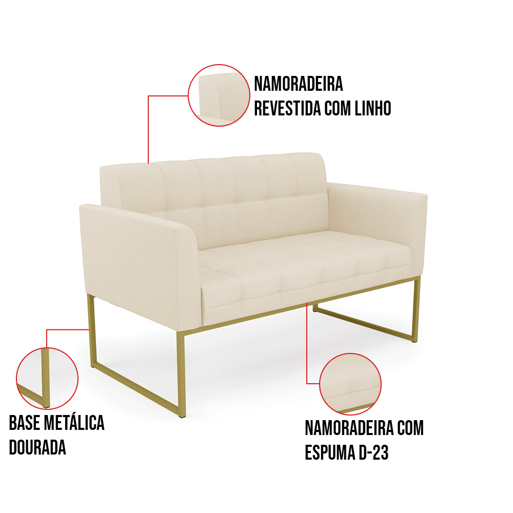 Kit 1 Sofá Namoradeira e 1 Poltrona Elisa Linho Bege A19 Base Metálica Industrial Dourada - D'Rossi