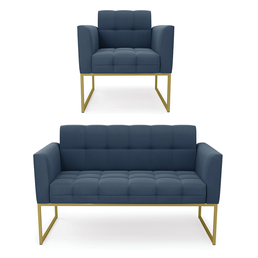 Kit 1 Sofá Namoradeira e 1 Poltrona Elisa Suede Azul Marinho Base Metálica Industrial Dourada - D'Rossi
