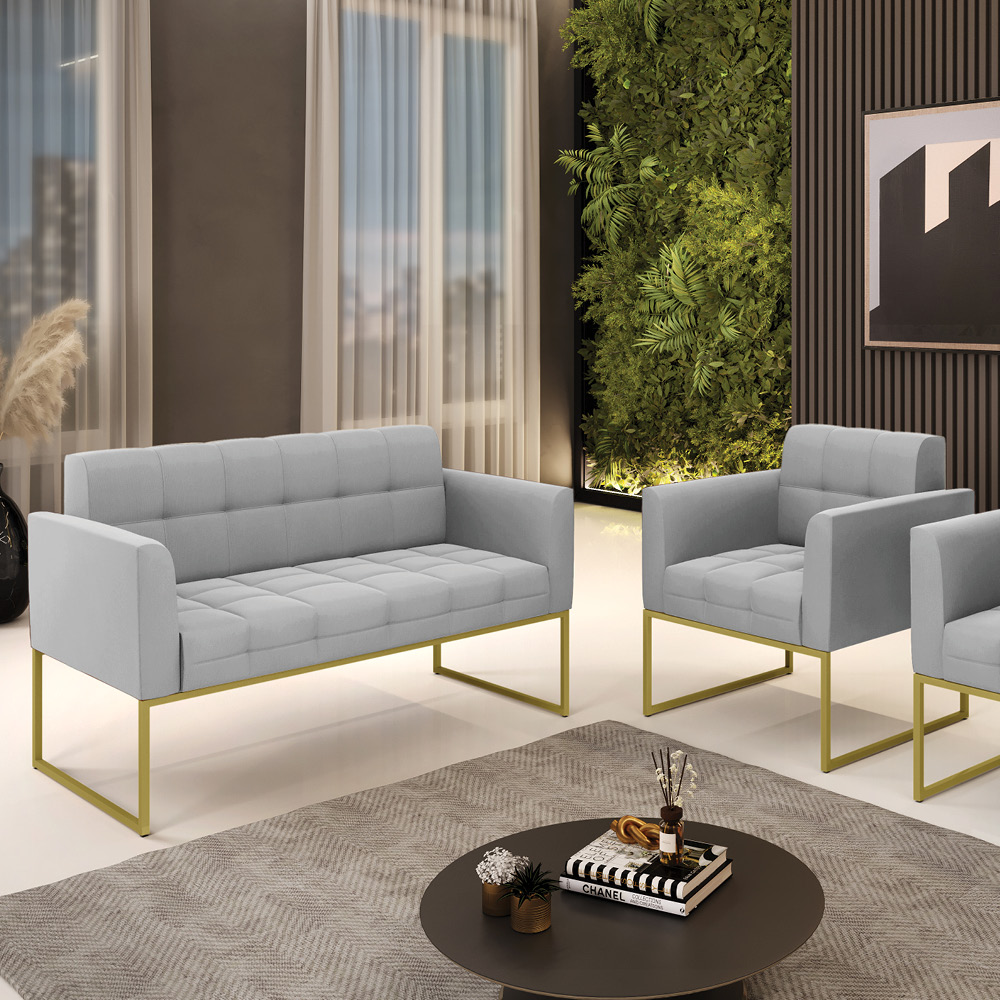 Kit 1 Sofá Namoradeira e 1 Poltrona Elisa Suede Cinza Base Metálica Industrial Dourada - D'Rossi