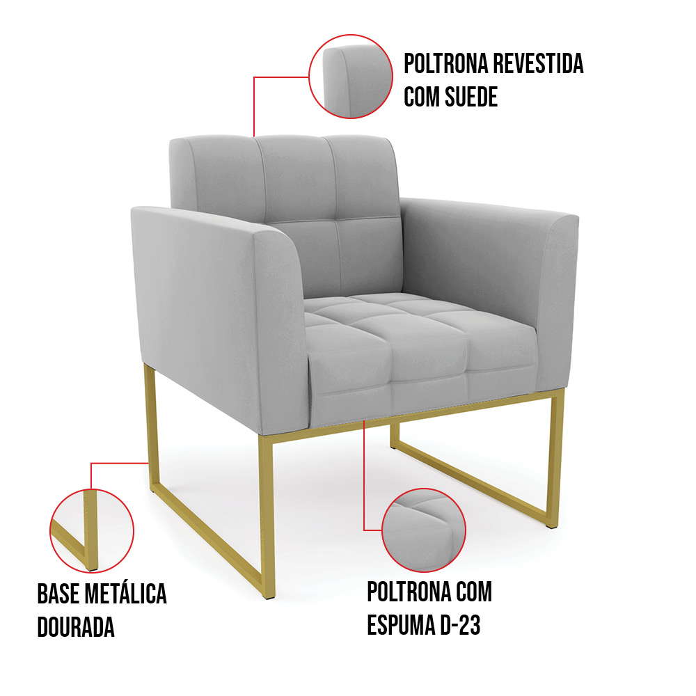 Kit 1 Sofá Namoradeira e 1 Poltrona Elisa Suede Cinza Base Metálica Industrial Dourada - D'Rossi