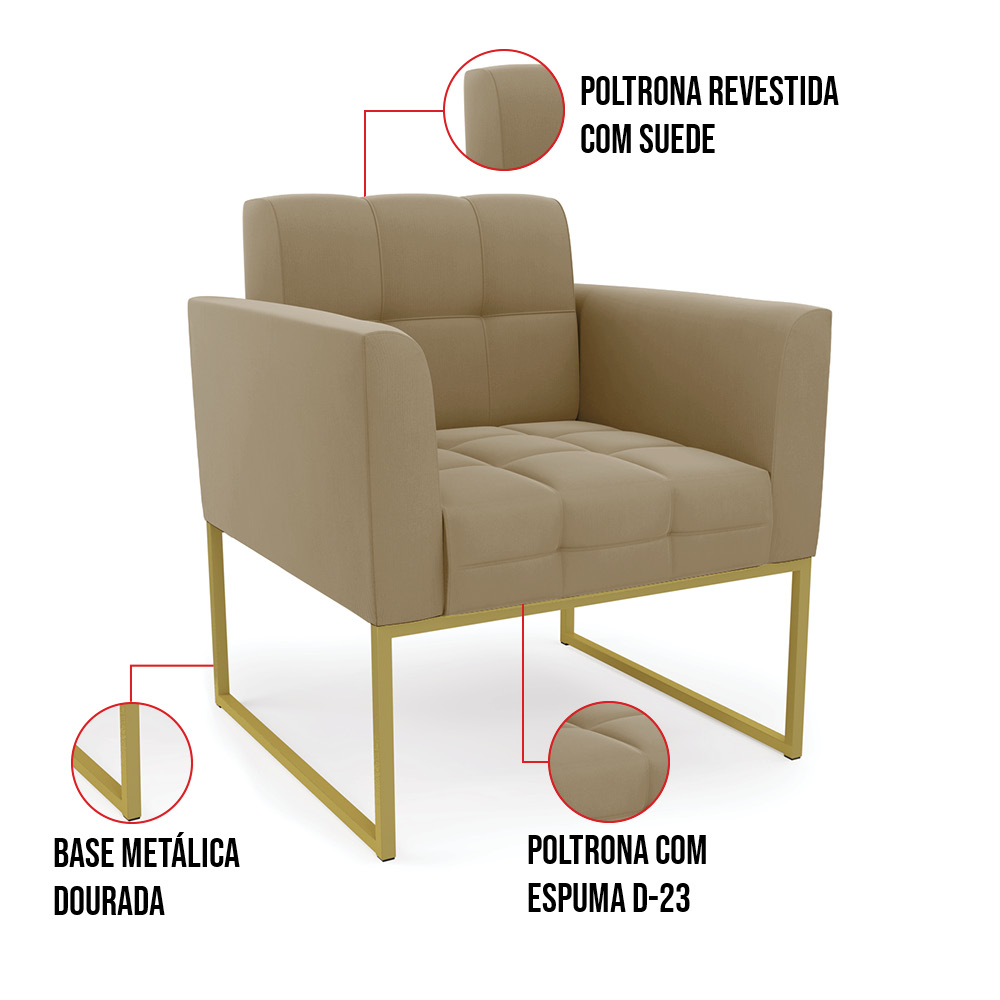 Kit 1 Sofá Namoradeira e 1 Poltrona Elisa Suede Marrom Rato Base Metálica Industrial Dourada - D'Rossi