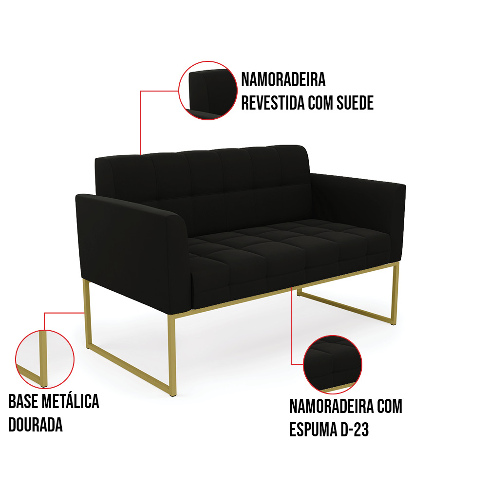 Kit 1 Sofá Namoradeira e 1 Poltrona Elisa Suede Preto Base Metálica Industrial Dourada - D'Rossi
