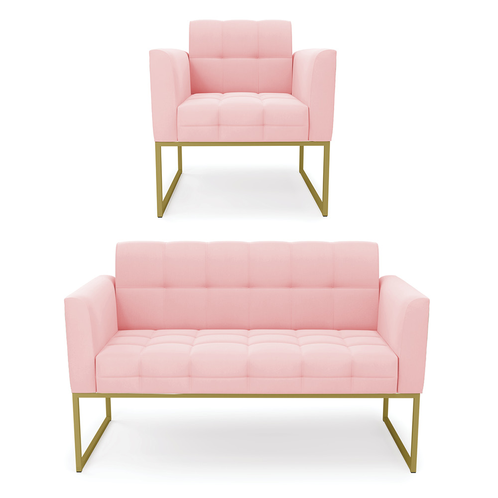 Kit 1 Sofá Namoradeira e 1 Poltrona Elisa Suede Rosa Bebê Base Metálica Industrial Dourada - D'Rossi
