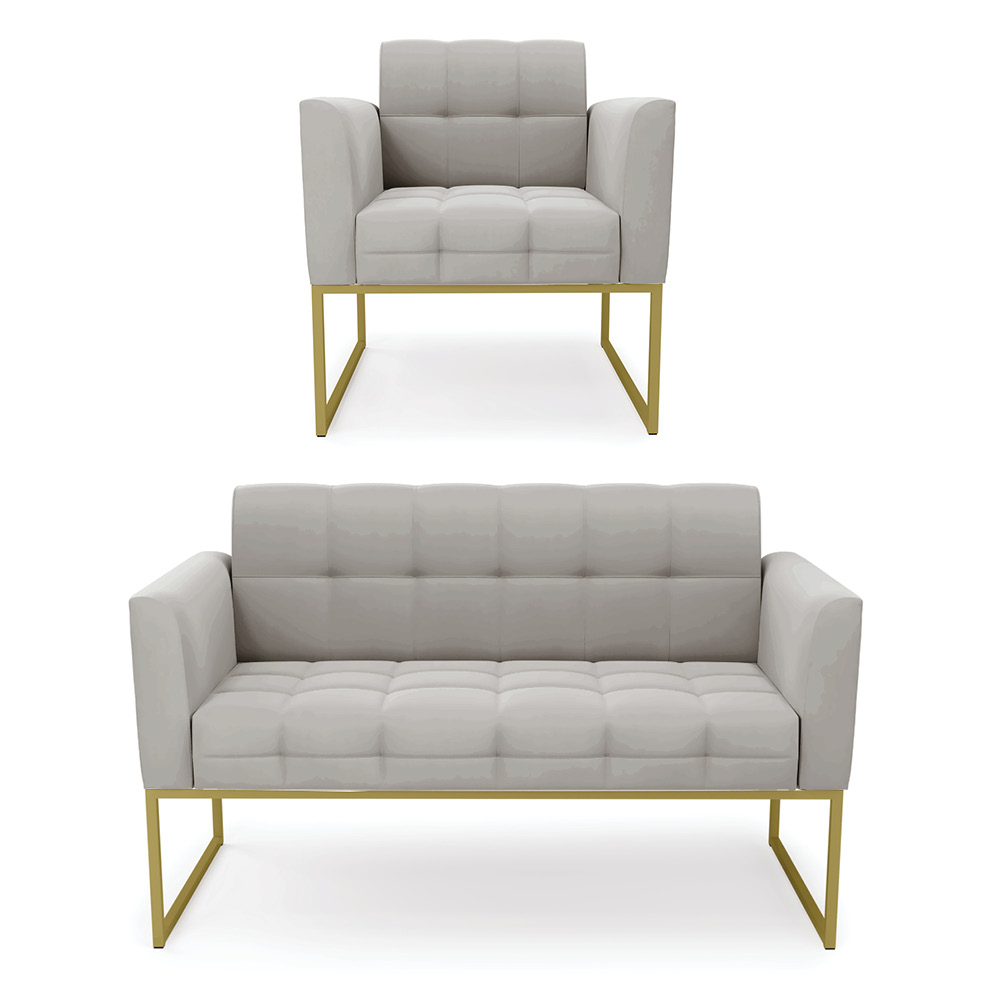 Kit 1 Sofá Namoradeira e 1 Poltrona Elisa Veludo Cinza Base Metálica Industrial Dourado - D'Rossi