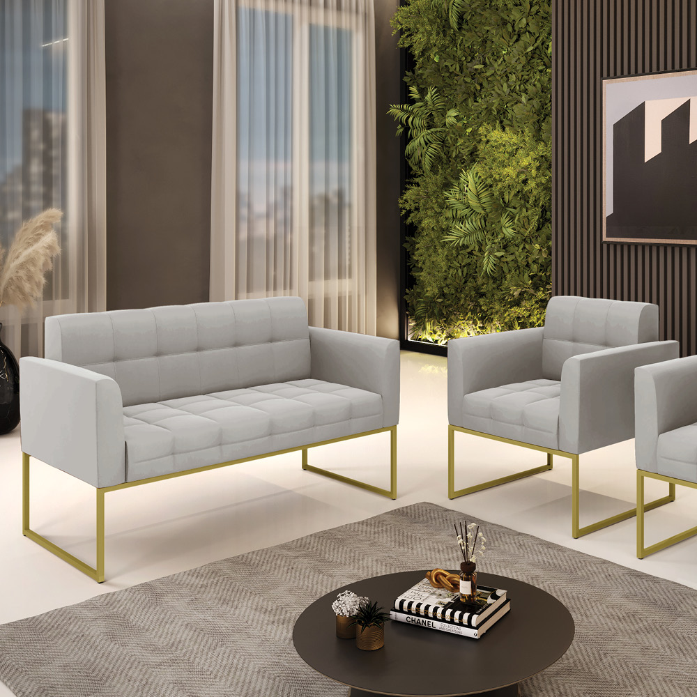 Kit 1 Sofá Namoradeira e 1 Poltrona Elisa Veludo Cinza Base Metálica Industrial Dourado - D'Rossi