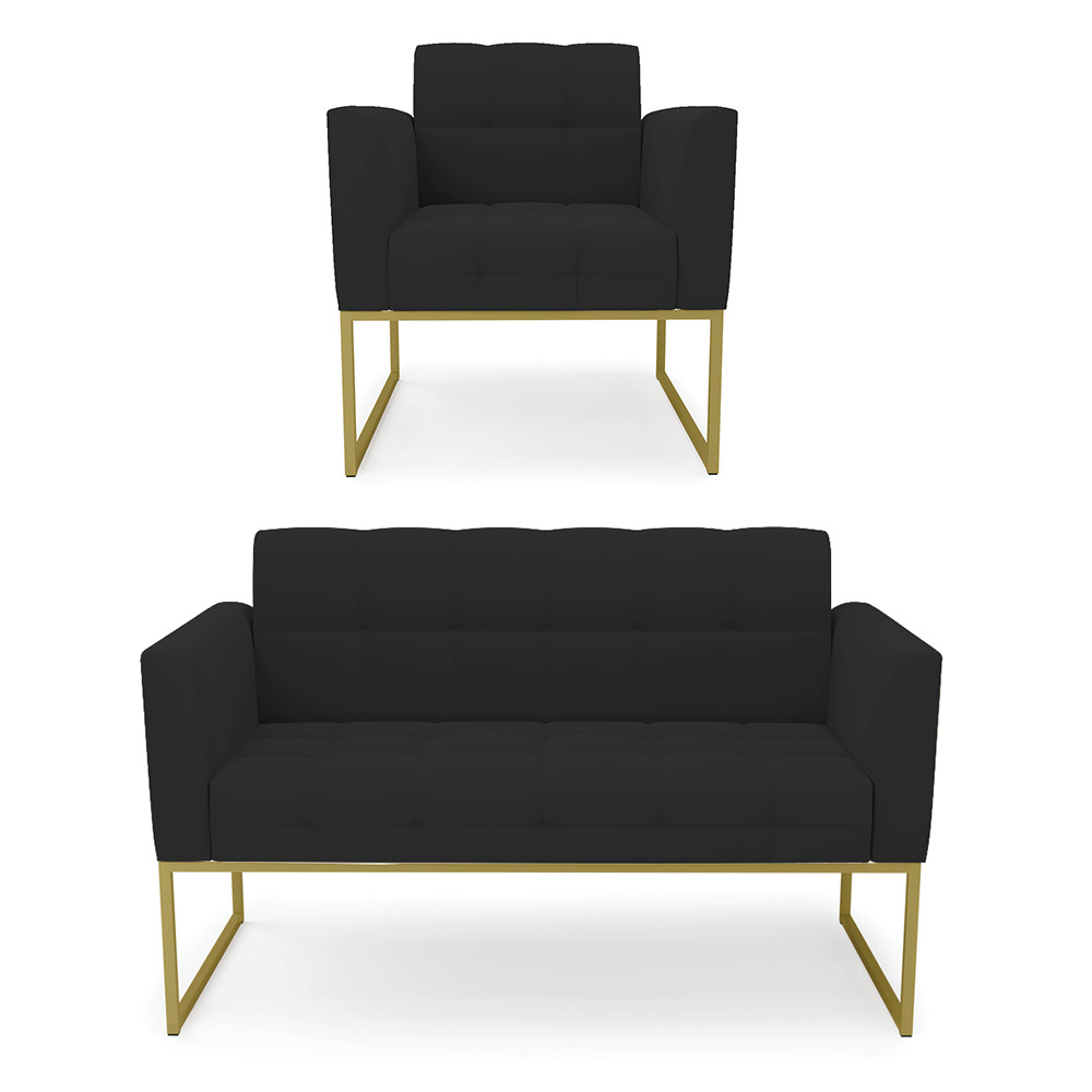 Kit 1 Sofá Namoradeira e 1 Poltrona Elisa Veludo Preto Base Metálica Industrial Dourado - D'Rossi