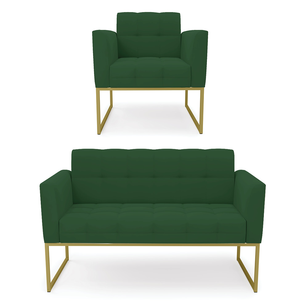 Kit 1 Sofá Namoradeira e 1 Poltrona Elisa Veludo Verde Base Metálica Industrial Dourado - D'Rossi