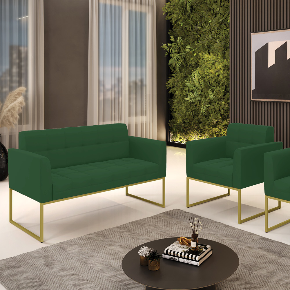 Kit 1 Sofá Namoradeira e 1 Poltrona Elisa Veludo Verde Base Metálica Industrial Dourado - D'Rossi