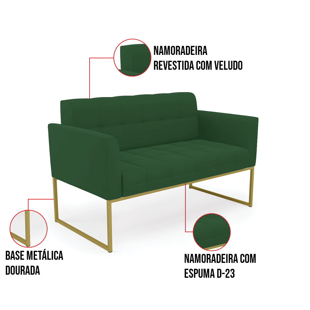 Kit 1 Sofá Namoradeira e 1 Poltrona Elisa Veludo Verde Base Metálica Industrial Dourado - D'Rossi