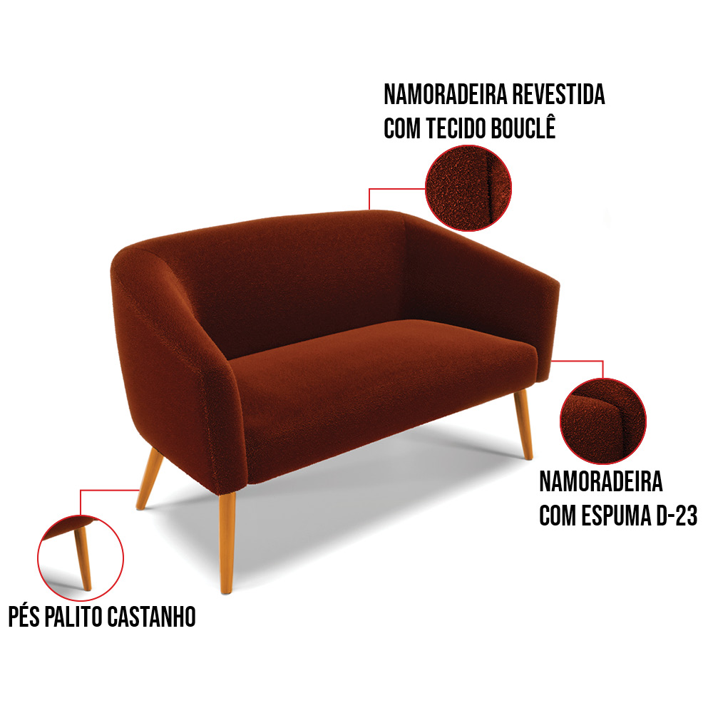 Kit 1 Sofá Namoradeira e 1 Poltrona Stella Bouclê Terra Base de Madeira MA30 - D'Rossi
