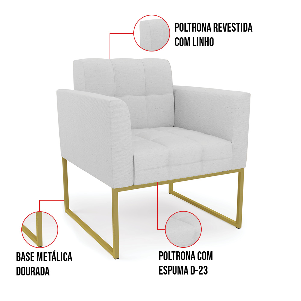 Kit 1 Sofá Namoradeira e 2 Poltronas Elisa Linho Cinza A05 Base Metálica Industrial Dourada - D'Rossi