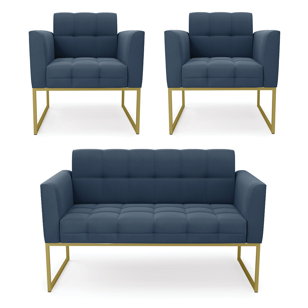 Kit 1 Sofá Namoradeira e 2 Poltronas Elisa Suede Azul Marinho Base Metálica Industrial Dourada - D'Rossi