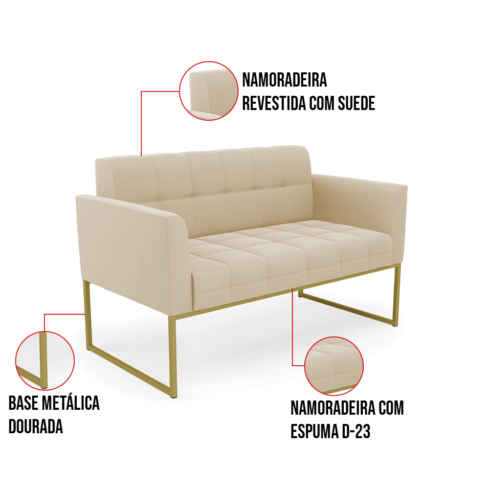 Kit 1 Sofá Namoradeira e 2 Poltronas Elisa Suede Base Metálica Industrial Dourada - D'Rossi