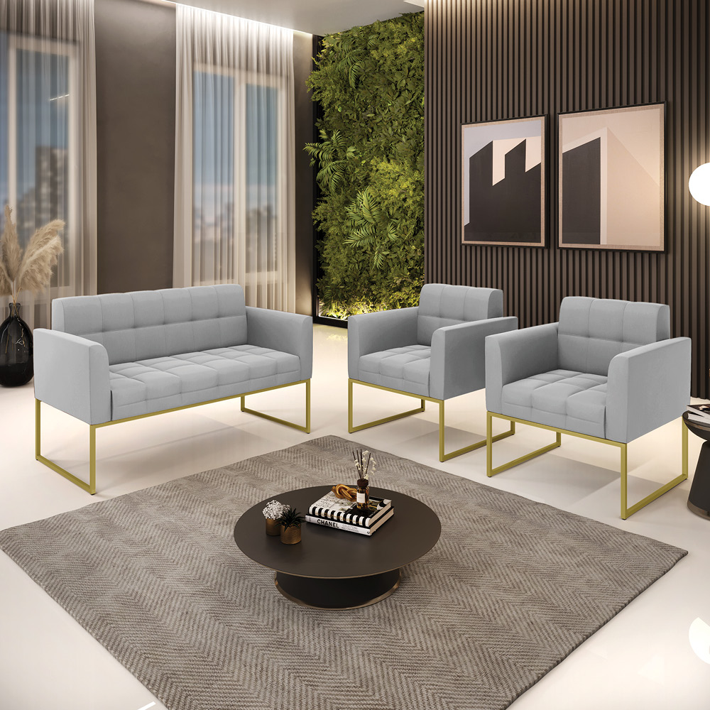 Kit 1 Sofá Namoradeira e 2 Poltronas Elisa Suede Cinza Base Metálica Industrial Dourada - D'Rossi
