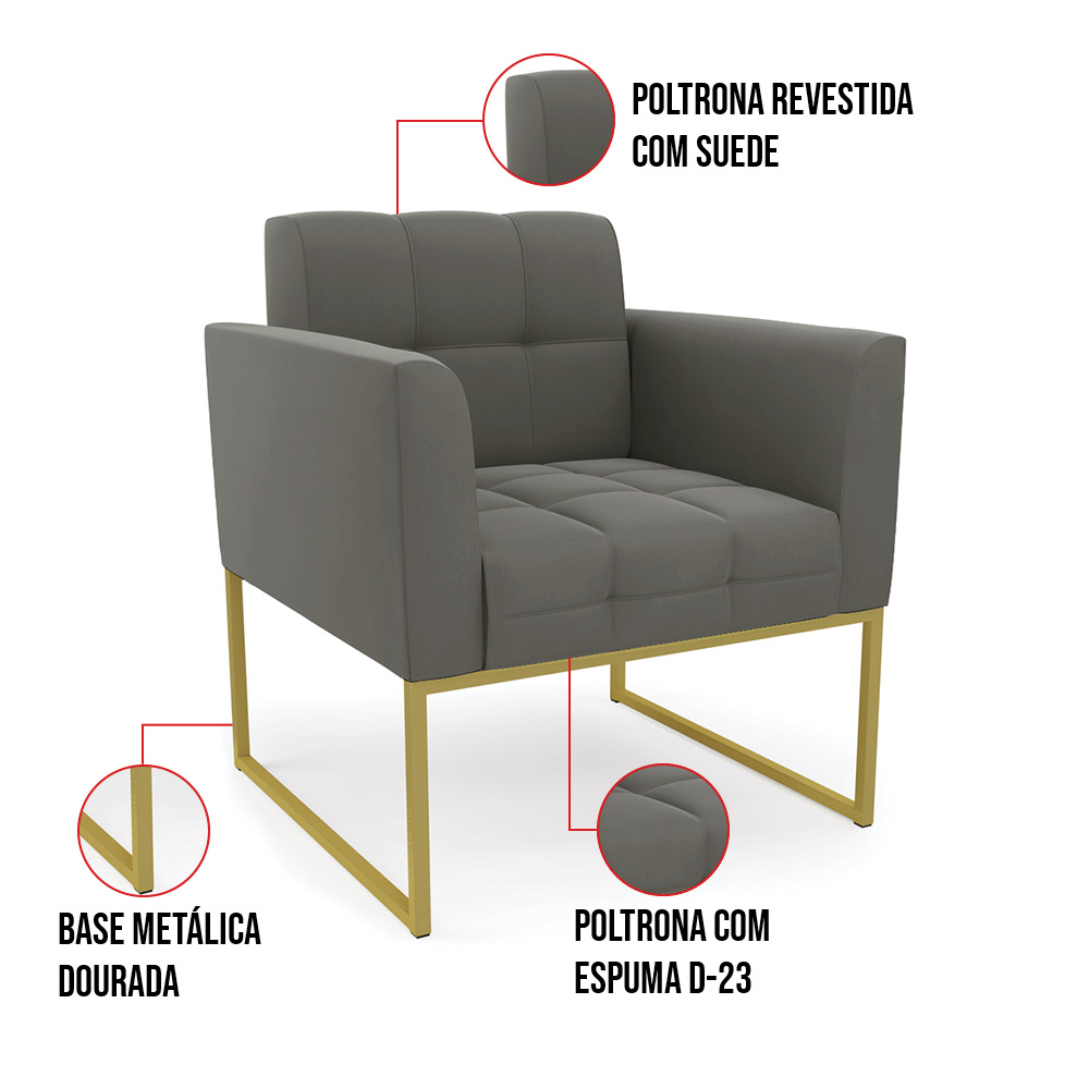 Kit 1 Sofá Namoradeira e 2 Poltronas Elisa Suede Grafite Base Metálica Industrial Dourada - D'Rossi