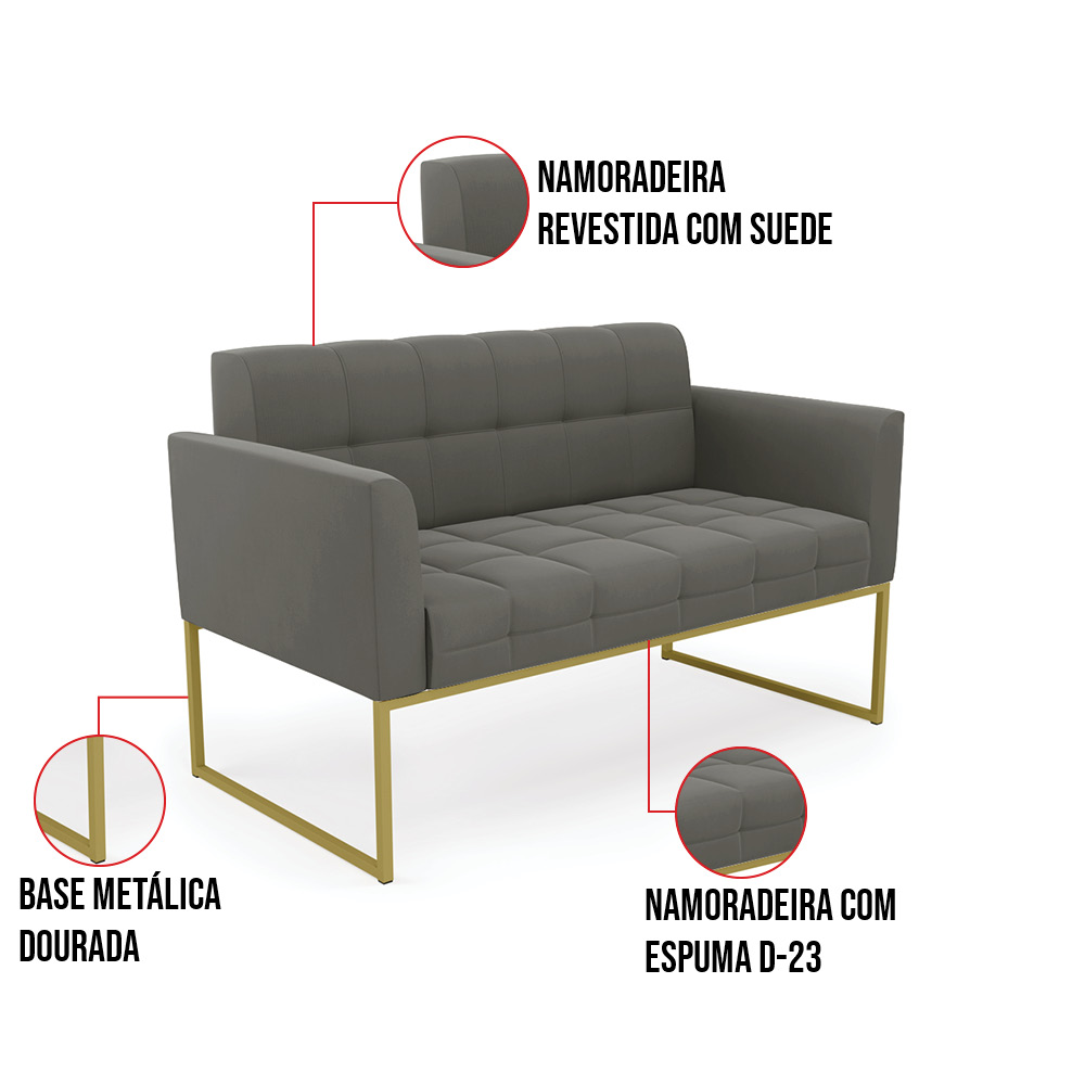 Kit 1 Sofá Namoradeira e 2 Poltronas Elisa Suede Grafite Base Metálica Industrial Dourada - D'Rossi