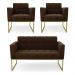 Kit 1 Sofá Namoradeira e 2 Poltronas Elisa Suede Marrom Base Metálica Industrial Dourado - D'Rossi