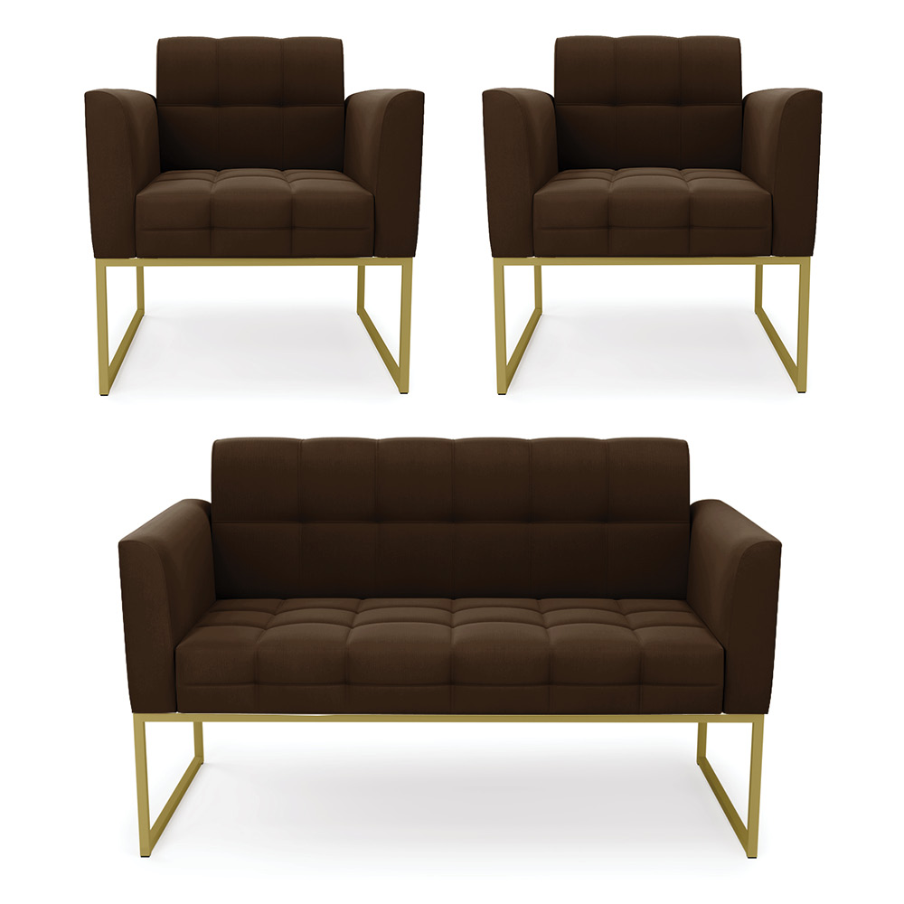 Kit 1 Sofá Namoradeira e 2 Poltronas Elisa Suede Marrom Base Metálica Industrial Dourado - D'Rossi