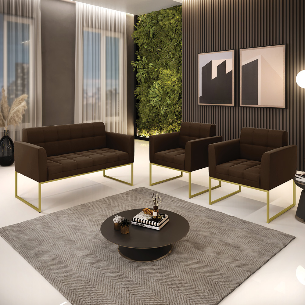 Kit 1 Sofá Namoradeira e 2 Poltronas Elisa Suede Marrom Base Metálica Industrial Dourado - D'Rossi