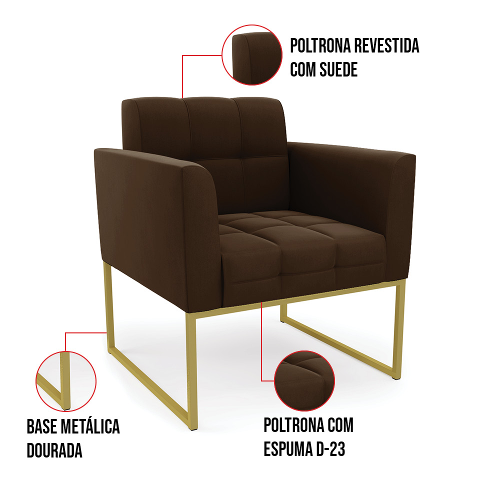 Kit 1 Sofá Namoradeira e 2 Poltronas Elisa Suede Marrom Base Metálica Industrial Dourado - D'Rossi