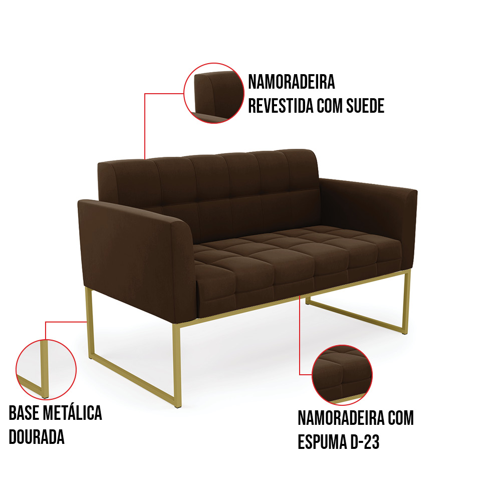 Kit 1 Sofá Namoradeira e 2 Poltronas Elisa Suede Marrom Base Metálica Industrial Dourado - D'Rossi