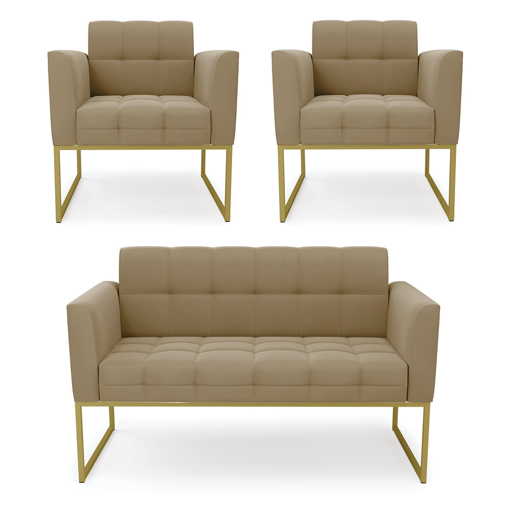 Kit 1 Sofá Namoradeira e 2 Poltronas Elisa Suede Marrom Rato Base Metálica Industrial Dourado - D'Rossi