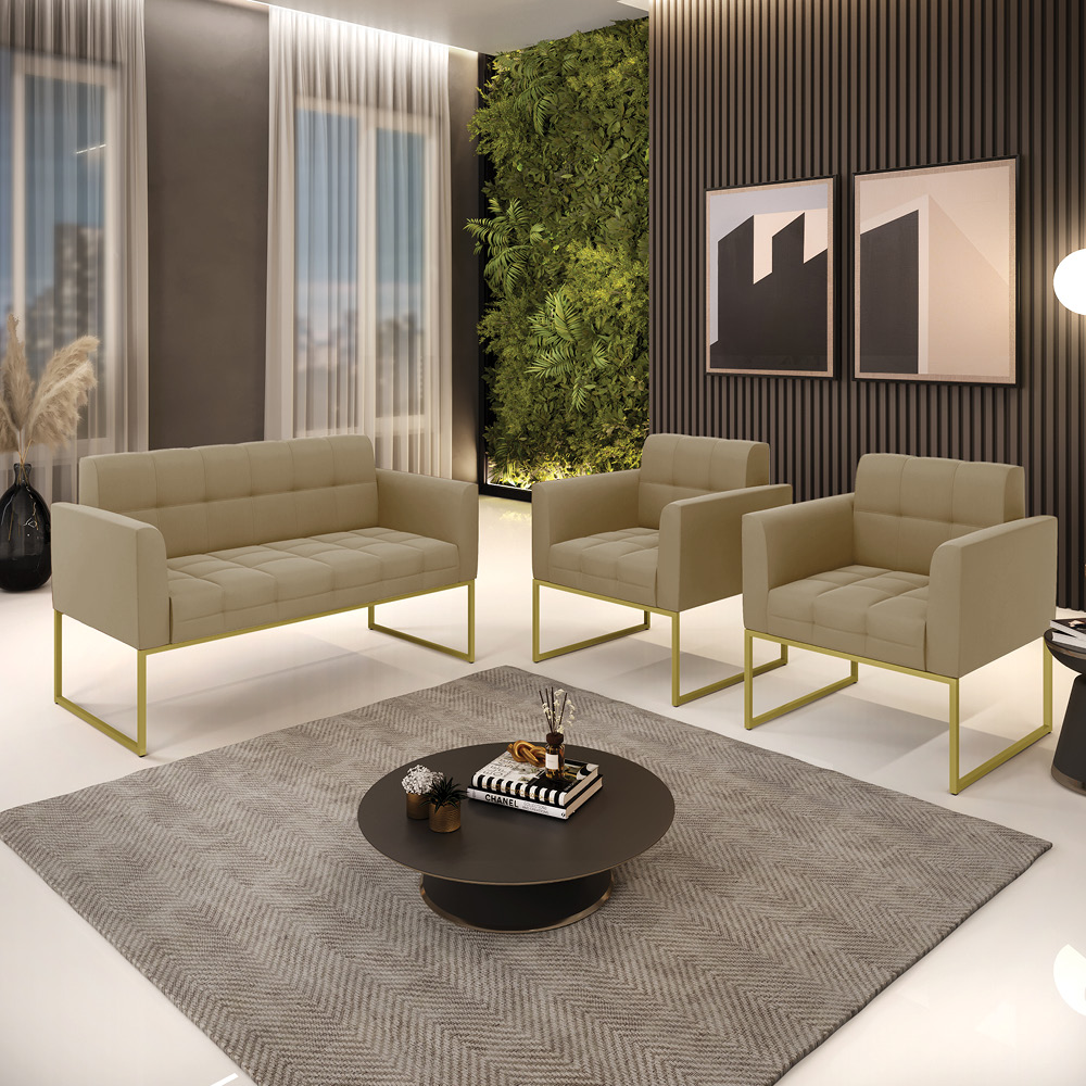 Kit 1 Sofá Namoradeira e 2 Poltronas Elisa Suede Marrom Rato Base Metálica Industrial Dourado - D'Rossi
