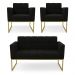 Kit 1 Sofá Namoradeira e 2 Poltronas Elisa Suede Preto Base Metálica Industrial Dourado - D'Rossi