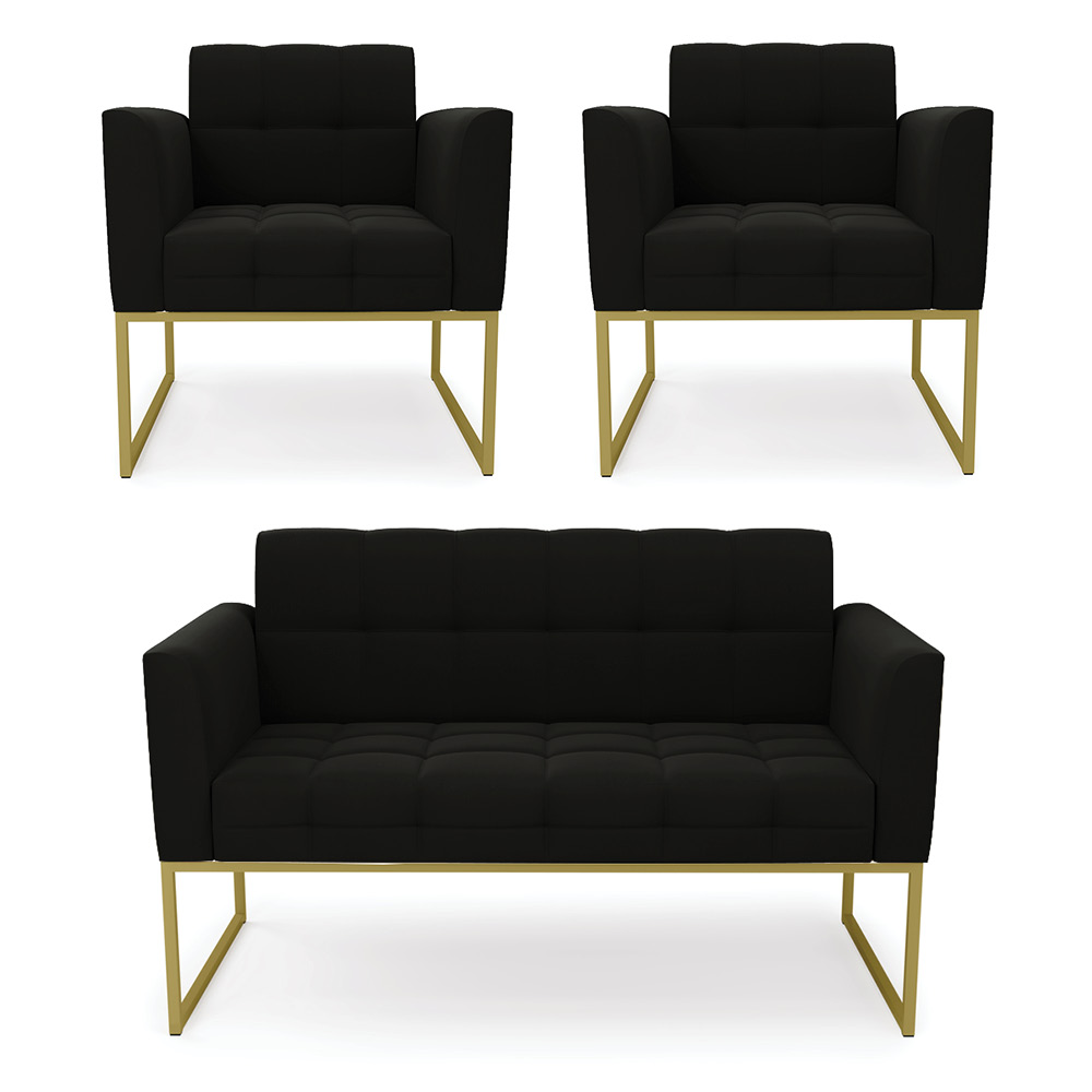 Kit 1 Sofá Namoradeira e 2 Poltronas Elisa Suede Preto Base Metálica Industrial Dourado - D'Rossi