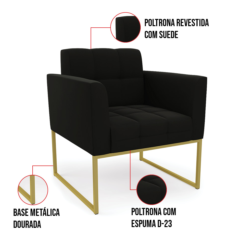 Kit 1 Sofá Namoradeira e 2 Poltronas Elisa Suede Preto Base Metálica Industrial Dourado - D'Rossi
