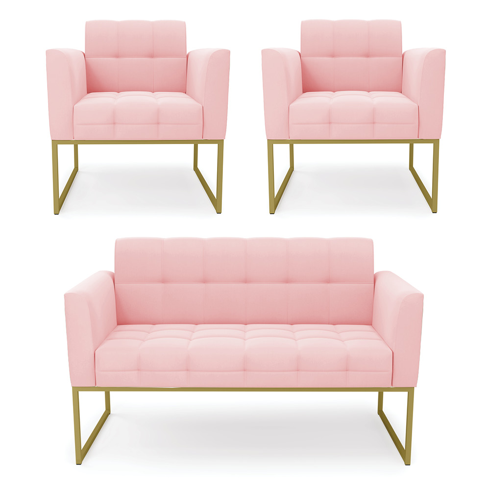 Kit 1 Sofá Namoradeira e 2 Poltronas Elisa Suede Rosa Bebê Base Metálica Industrial Dourado - D'Rossi