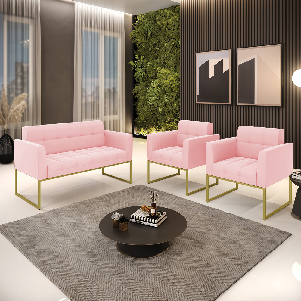 Kit 1 Sofá Namoradeira e 2 Poltronas Elisa Suede Rosa Bebê Base Metálica Industrial Dourado - D'Rossi
