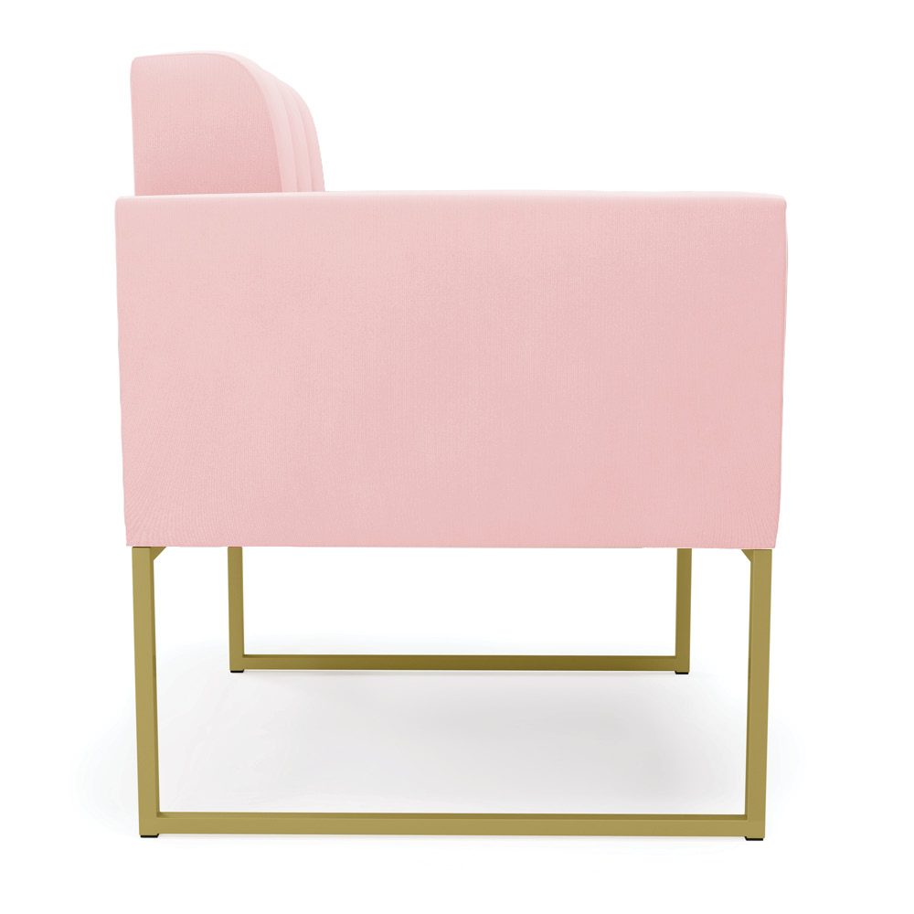 Kit 1 Sofá Namoradeira e 2 Poltronas Elisa Suede Rosa Bebê Base Metálica Industrial Dourado - D'Rossi