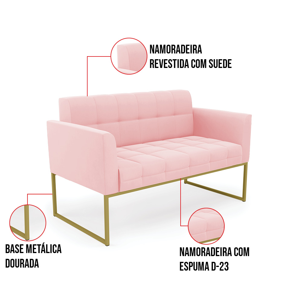 Kit 1 Sofá Namoradeira e 2 Poltronas Elisa Suede Rosa Bebê Base Metálica Industrial Dourado - D'Rossi