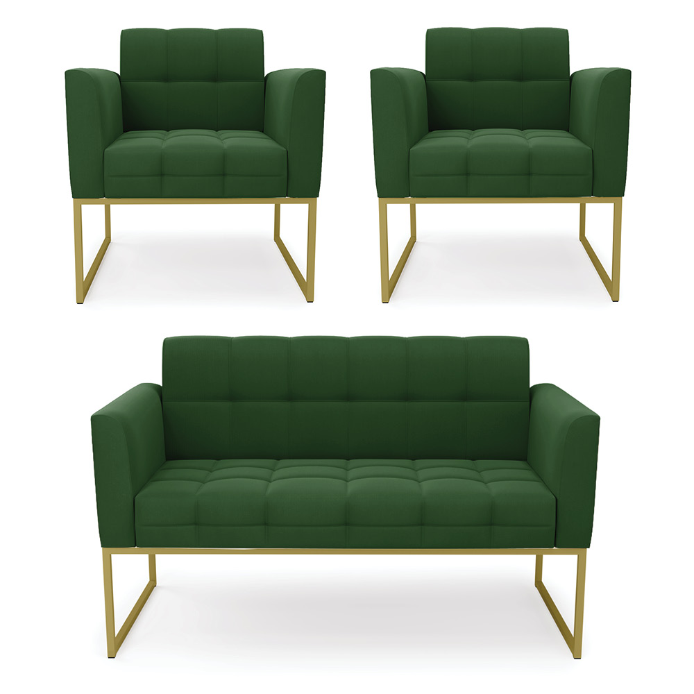 Kit 1 Sofá Namoradeira e 2 Poltronas Elisa Suede Verde Base Metálica Industrial Dourada - D'Rossi
