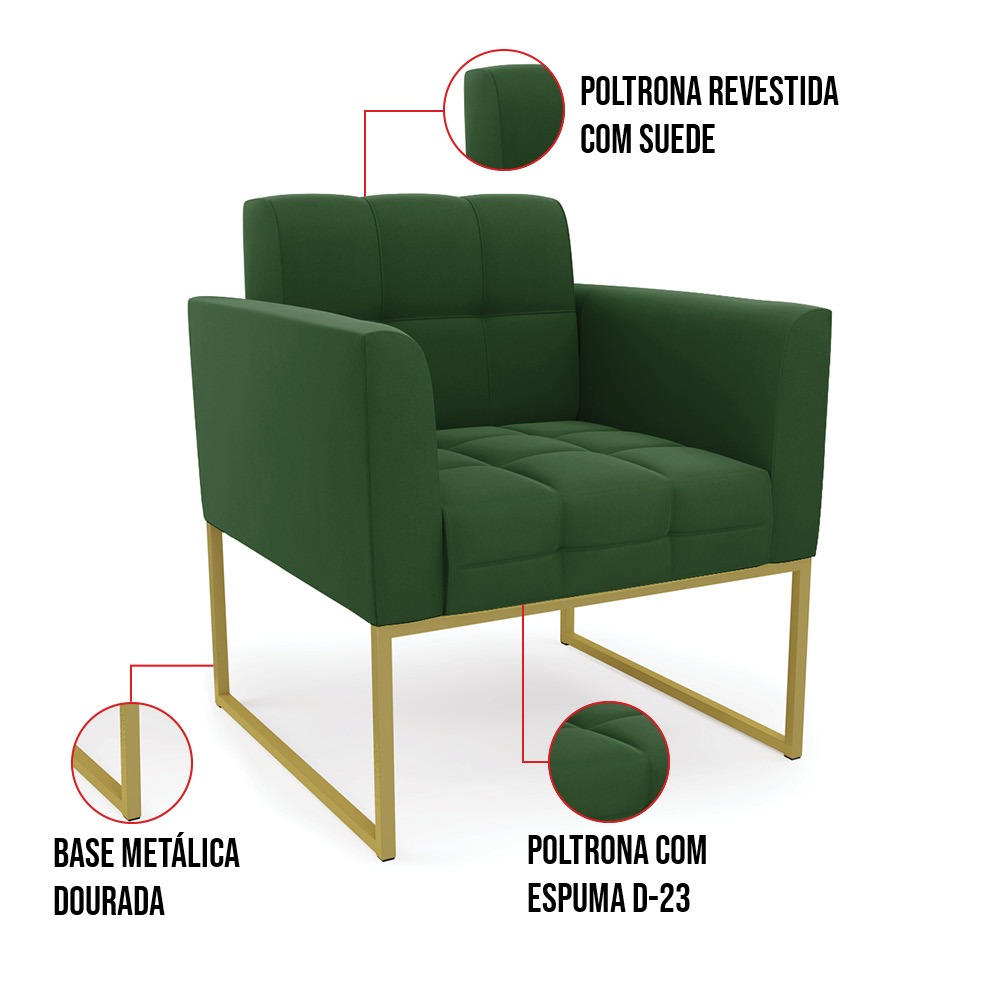 Kit 1 Sofá Namoradeira e 2 Poltronas Elisa Suede Verde Base Metálica Industrial Dourada - D'Rossi