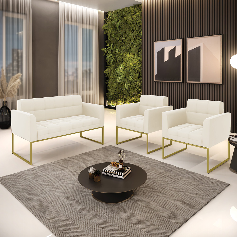 Kit 1 Sofá Namoradeira e 2 Poltronas Elisa Veludo Base Metálica Industrial Dourado - D'Rossi