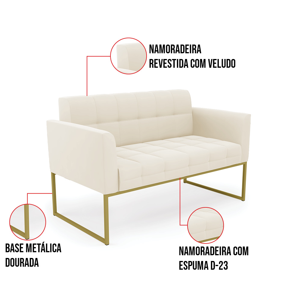 Kit 1 Sofá Namoradeira e 2 Poltronas Elisa Veludo Bege Base Metálica Industrial Dourado - D'Rossi