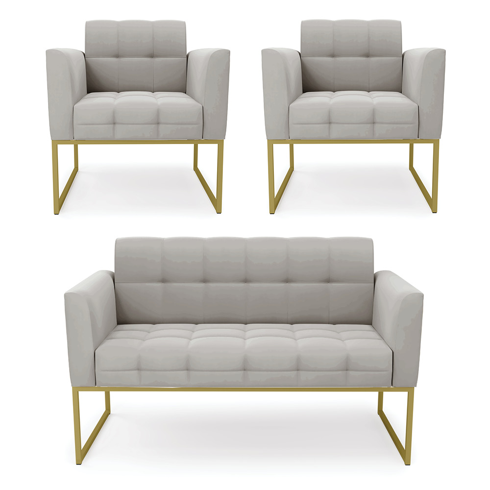 Kit 1 Sofá Namoradeira e 2 Poltronas Elisa Veludo Cinza Base Metálica Industrial Dourado - D'Rossi